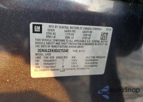 2016 Chevrolet Equinox Lt from USA, damaged, VIN 2GNALCEK9G6275348